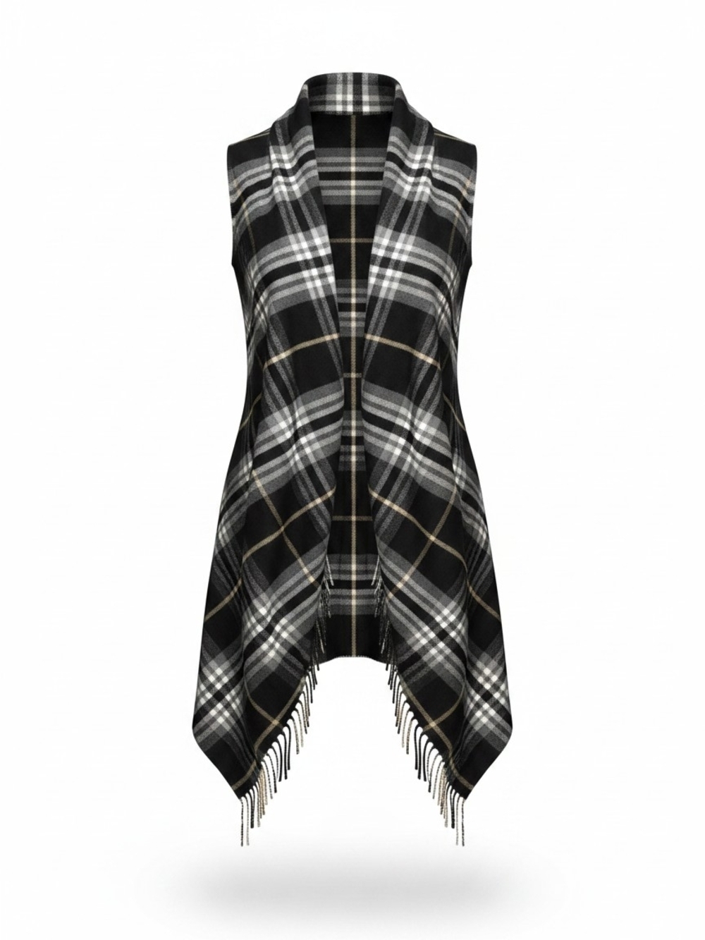 Source Unknown Black White Plaid Fringe Vest